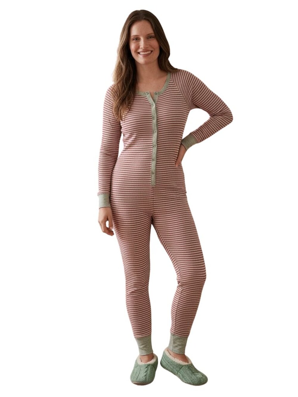 Jockey Red/Beige Ribbed Cotton Waffle Union Suit, S